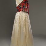 Evening dress worn with a sash of Royal Stewart tartan for the Gillies Ball in 1971