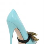 Decolletè Gucci pelle turchese,fiocco cristalli mostarda