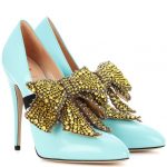 Decolletè Gucci pelle turchese,fiocco cristalli mostarda